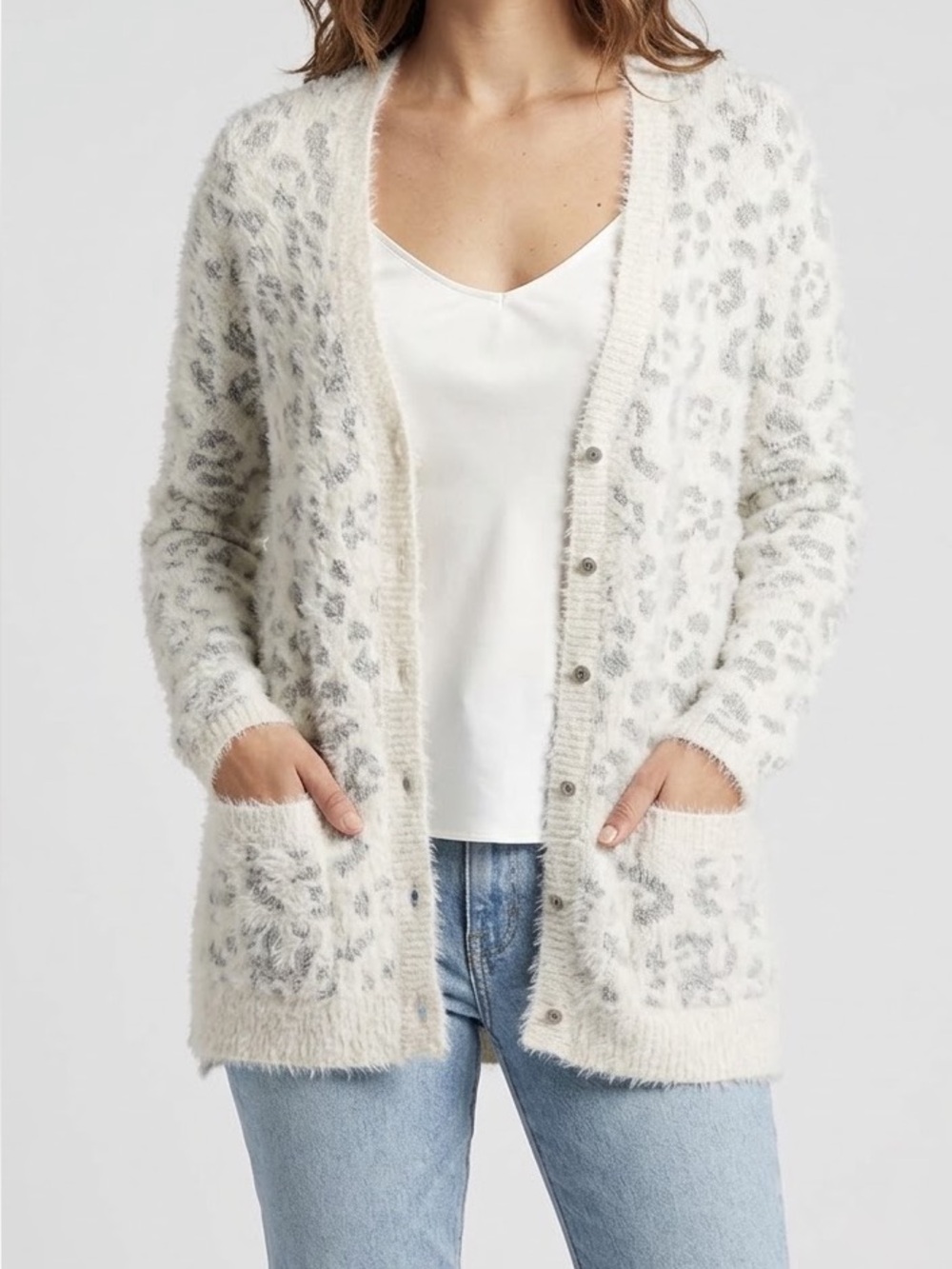 Maison Jules Eyelash Knit Fuzzy Leopard Print Cardigan Pink Metallic Size M